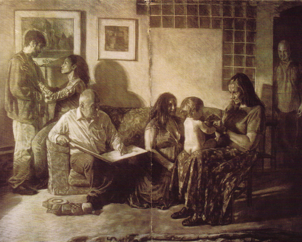 A drawing of a group of people of varous ages in a living room interacting with each other - click on this image to access the Works On Paper Gallery Website